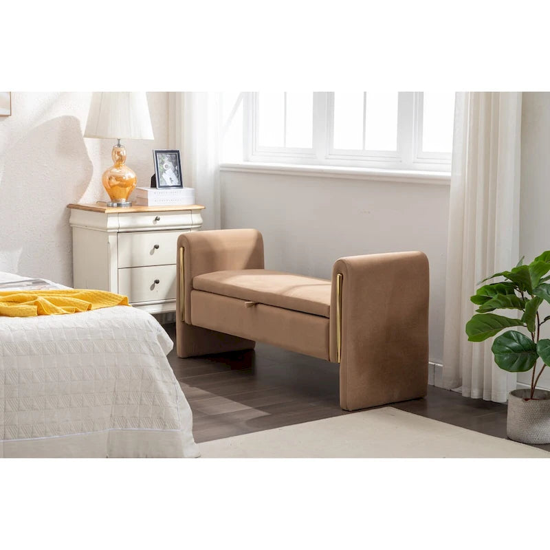 Banc de rangement en velours avec bordure métallique dorée pour salon ou chambre à coucher (intérieur)