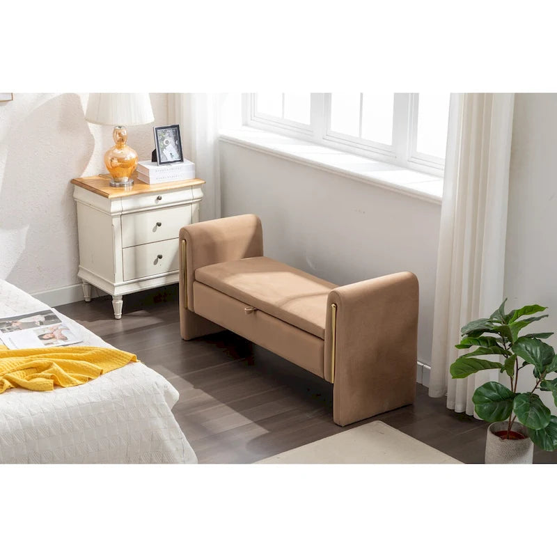 Banc de rangement en velours avec bordure métallique dorée pour salon ou chambre à coucher (intérieur)