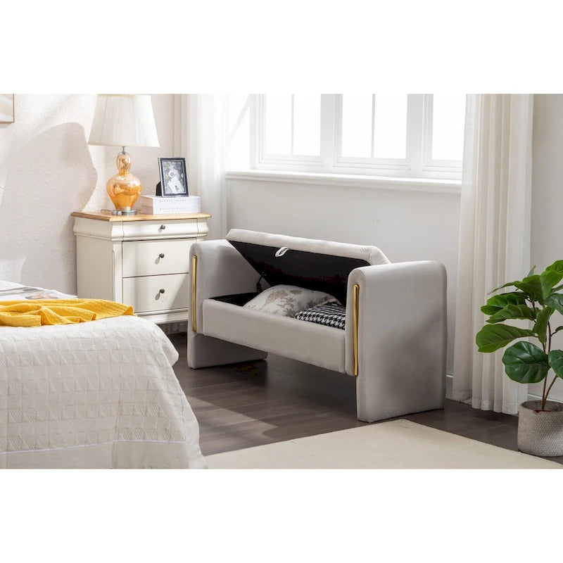 Banc de rangement en velours avec bordure métallique dorée pour salon ou chambre à coucher (intérieur)