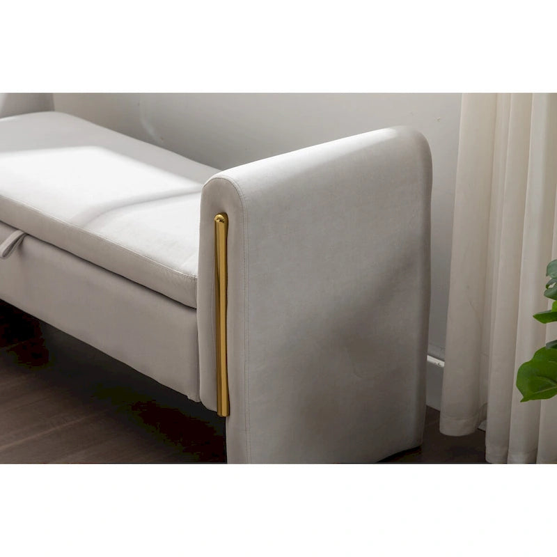 Banc de rangement en velours avec bordure métallique dorée pour salon ou chambre à coucher (intérieur)