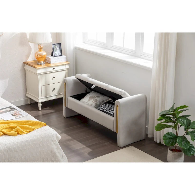 Banc de rangement en velours avec bordure métallique dorée pour salon ou chambre à coucher (intérieur)