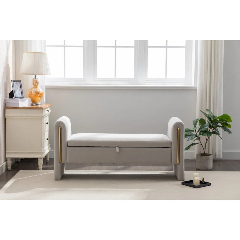 Banc de rangement en velours avec bordure métallique dorée pour salon ou chambre à coucher (intérieur)