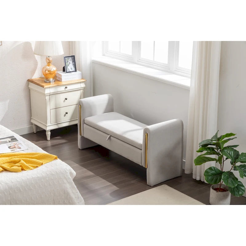 Banc de rangement en velours avec bordure métallique dorée pour salon ou chambre à coucher (intérieur)