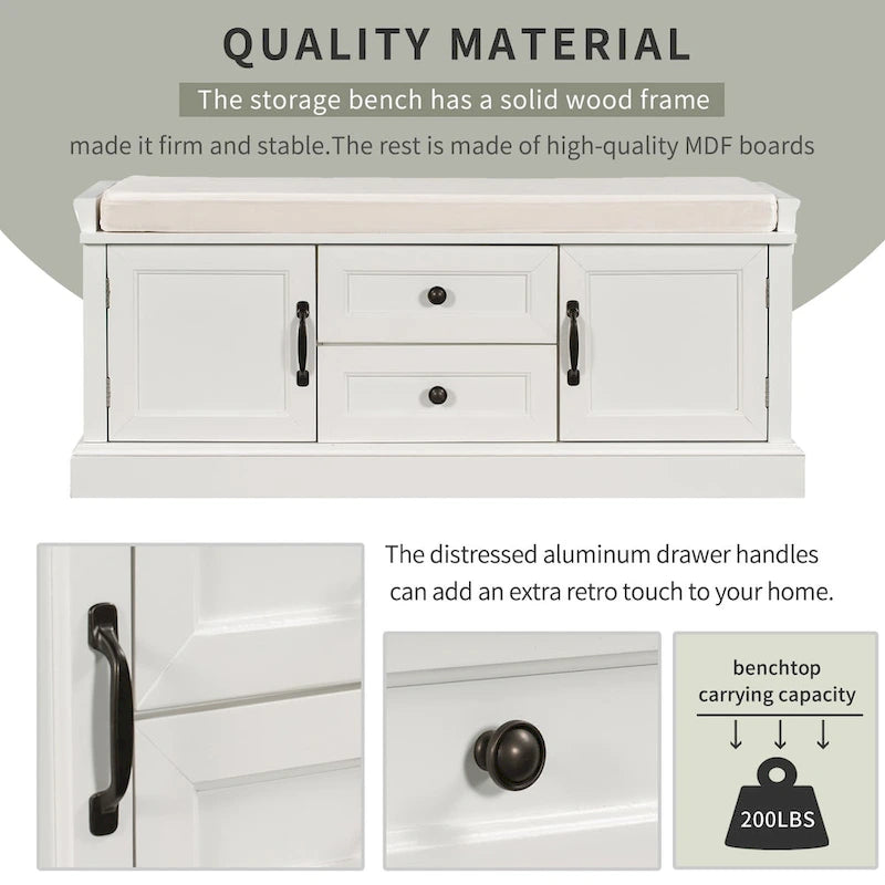 Banc de rangement avec 2 tiroirs et 2 placards, banc à chaussures avec coussin amovible pour salon, entrée