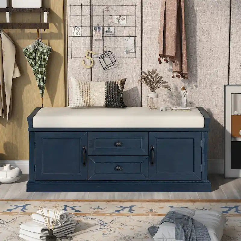 Banc de rangement avec 2 tiroirs et 2 placards, banc à chaussures avec coussin amovible pour salon, entrée
