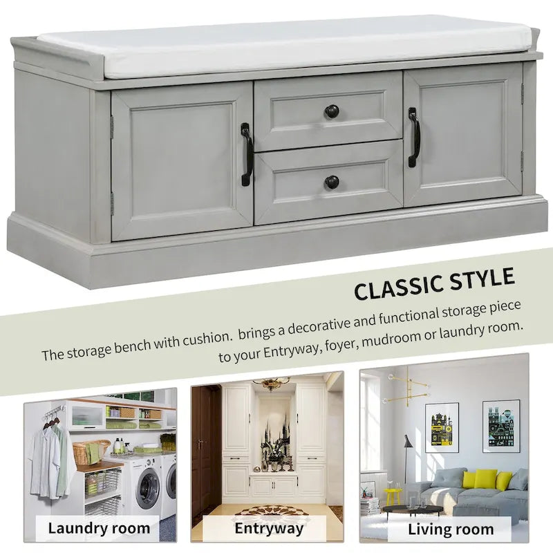 Banc de rangement avec 2 tiroirs et 2 placards, banc à chaussures avec coussin amovible pour salon, entrée