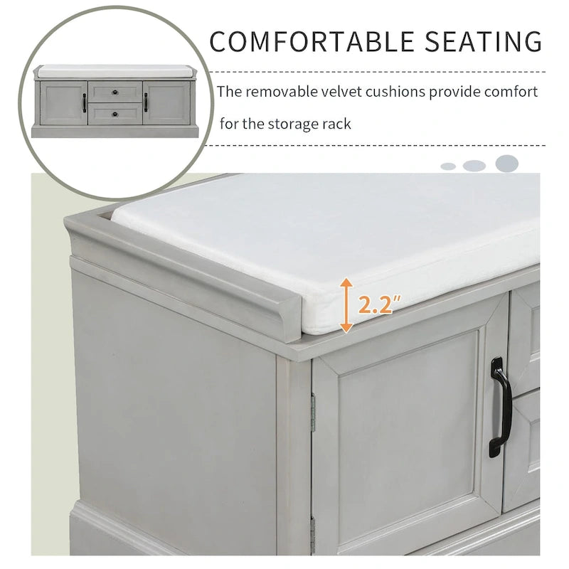Banc de rangement avec 2 tiroirs et 2 placards, banc à chaussures avec coussin amovible pour salon, entrée