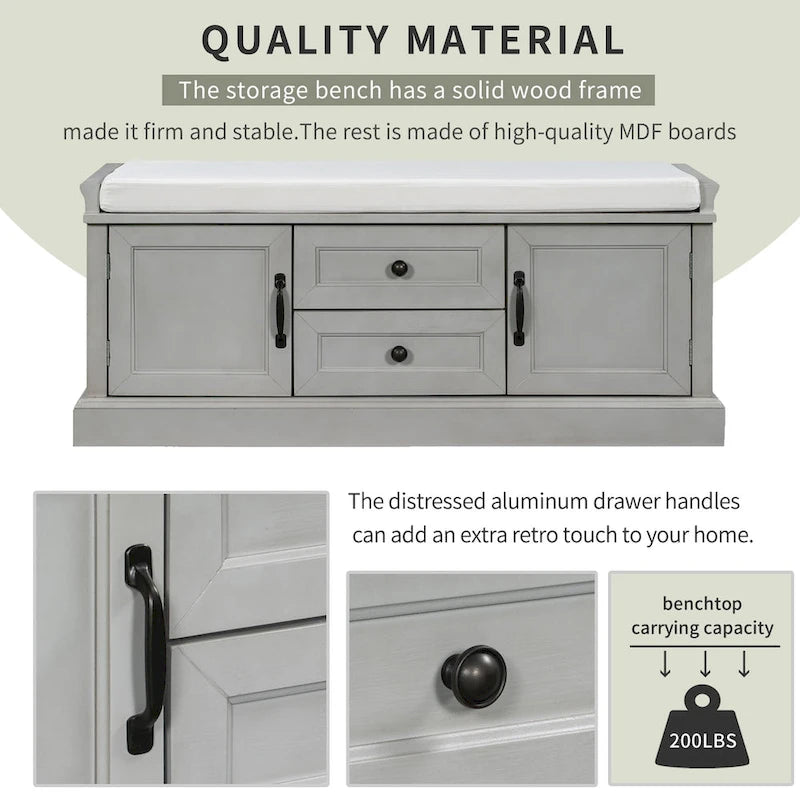 Banc de rangement avec 2 tiroirs et 2 placards, banc à chaussures avec coussin amovible pour salon, entrée