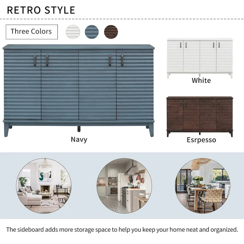 Buffet à 4 portes avec grand espace de rangement, étagères réglables et poignées en métal, idéal pour la cuisine, le salon ou la salle à manger.