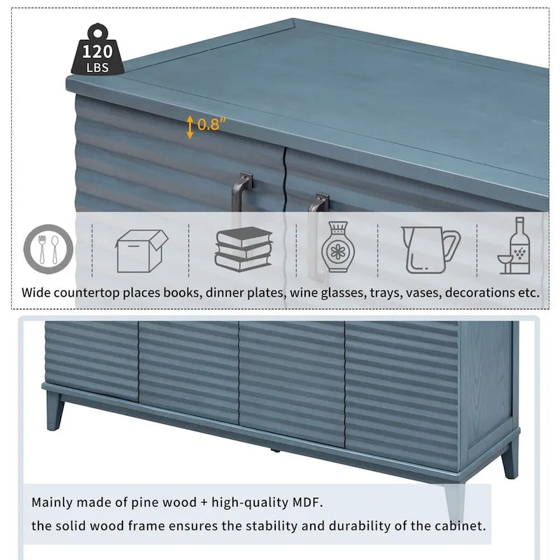 Buffet à 4 portes avec grand espace de rangement, étagères réglables et poignées en métal, idéal pour la cuisine, le salon ou la salle à manger.