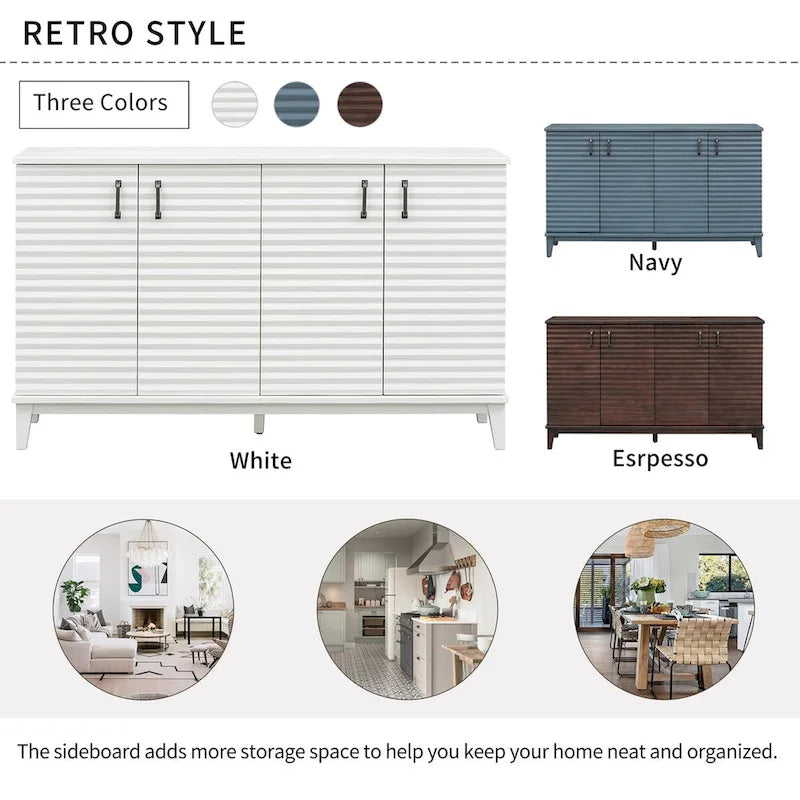 Buffet à 4 portes avec grand espace de rangement, étagères réglables et poignées en métal, idéal pour la cuisine, le salon ou la salle à manger.