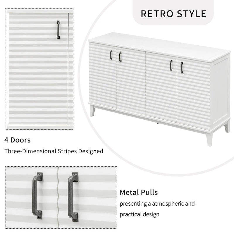 Buffet à 4 portes avec grand espace de rangement, étagères réglables et poignées en métal, idéal pour la cuisine, le salon ou la salle à manger.