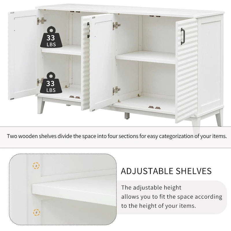 Buffet à 4 portes avec grand espace de rangement, étagères réglables et poignées en métal, idéal pour la cuisine, le salon ou la salle à manger.