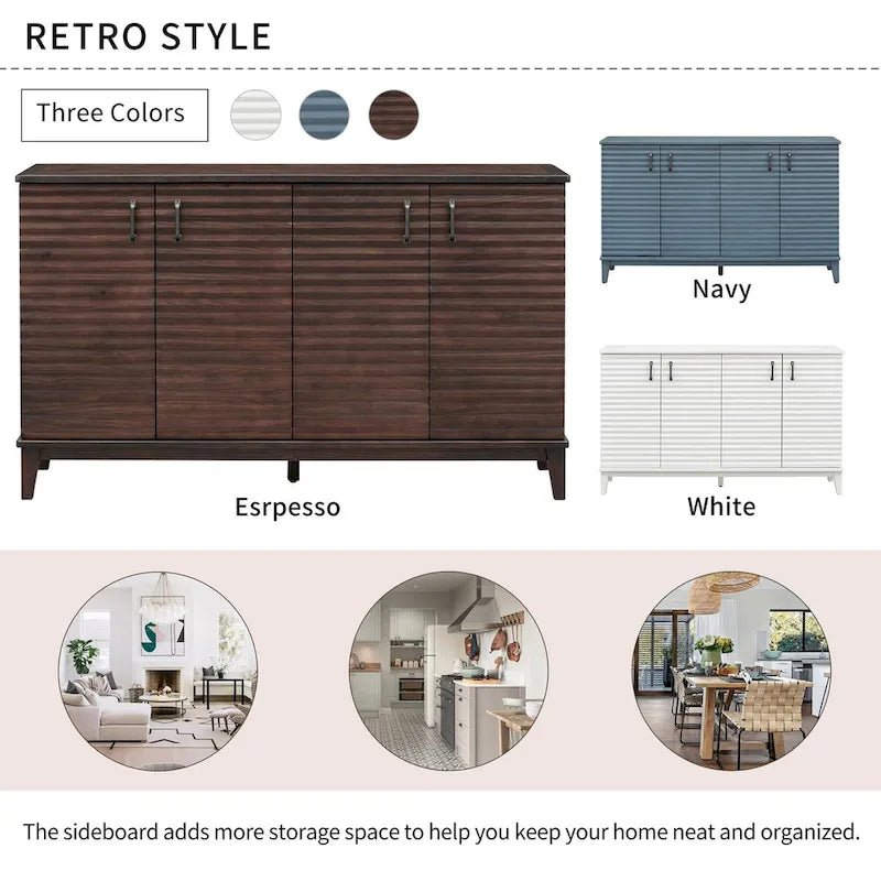 Buffet à 4 portes avec grand espace de rangement, étagères réglables et poignées en métal, idéal pour la cuisine, le salon ou la salle à manger.