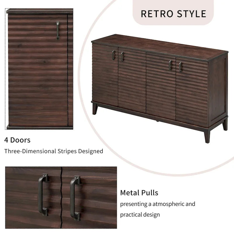 Buffet à 4 portes avec grand espace de rangement, étagères réglables et poignées en métal, idéal pour la cuisine, le salon ou la salle à manger.