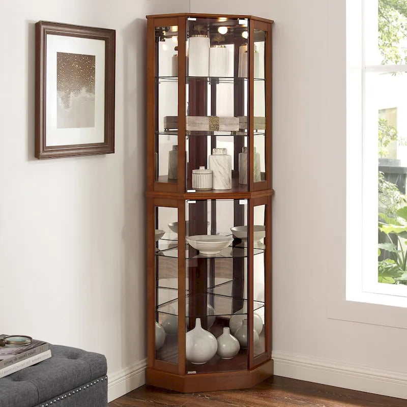 6 Shelf Corner Curio Display Cabinet with Lights, Mirrors and Adjustable Shelves