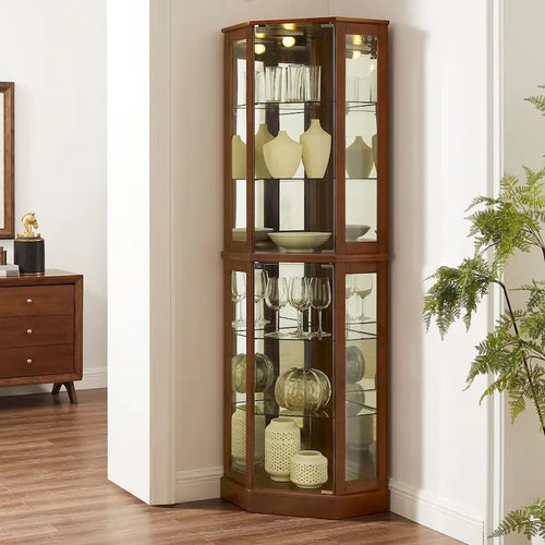 Vitrine d'angle à 6 étagères avec éclairage, miroirs et étagères réglables