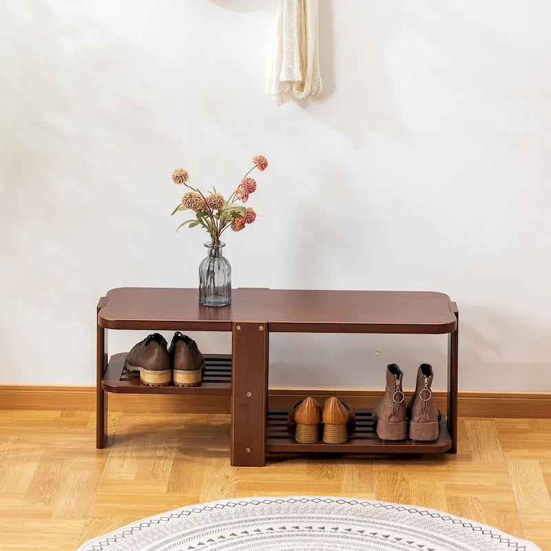 Banc porte-chaussures, meuble de rangement à chaussures en bambou à 2 niveaux, banc d'entrée