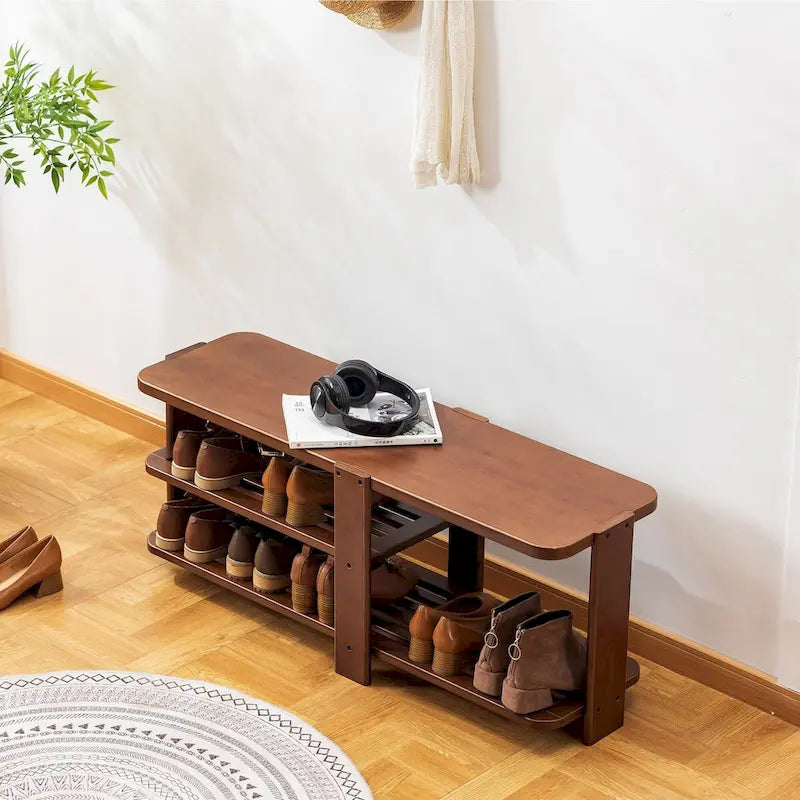 Banc porte-chaussures, meuble de rangement à chaussures en bambou à 2 niveaux, banc d'entrée