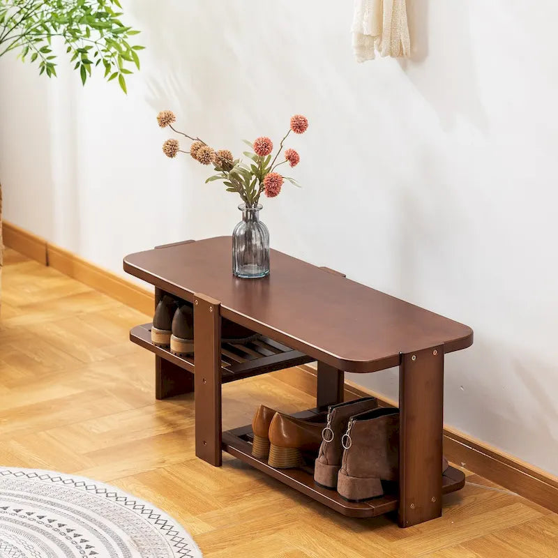 Banc porte-chaussures, meuble de rangement à chaussures en bambou à 2 niveaux, banc d'entrée