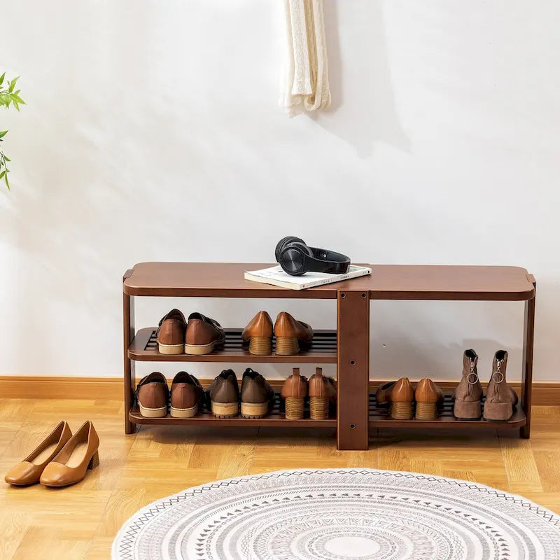 Banc porte-chaussures, meuble de rangement à chaussures en bambou à 2 niveaux, banc d'entrée