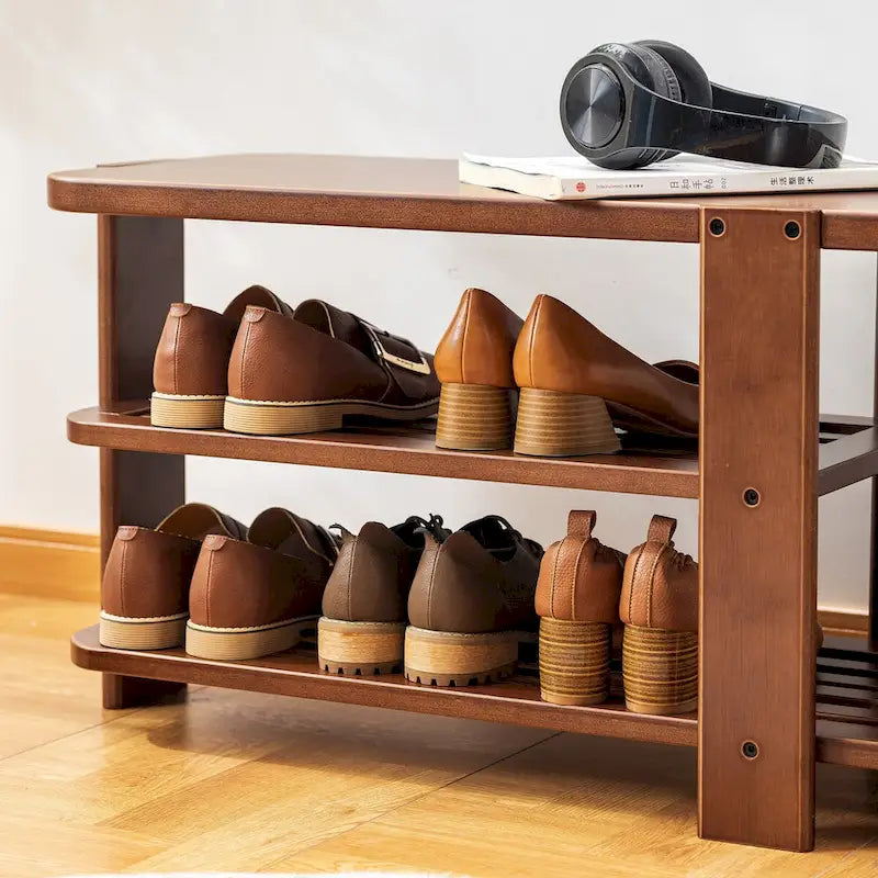 Banc porte-chaussures, meuble de rangement à chaussures en bambou à 2 niveaux, banc d'entrée