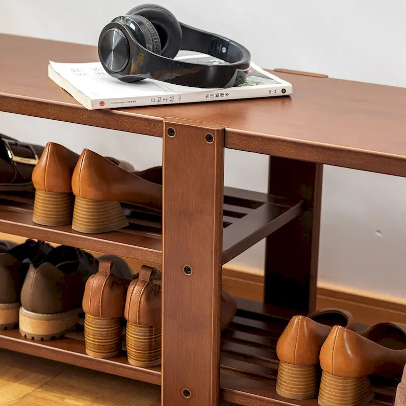 Banc porte-chaussures, meuble de rangement à chaussures en bambou à 2 niveaux, banc d'entrée