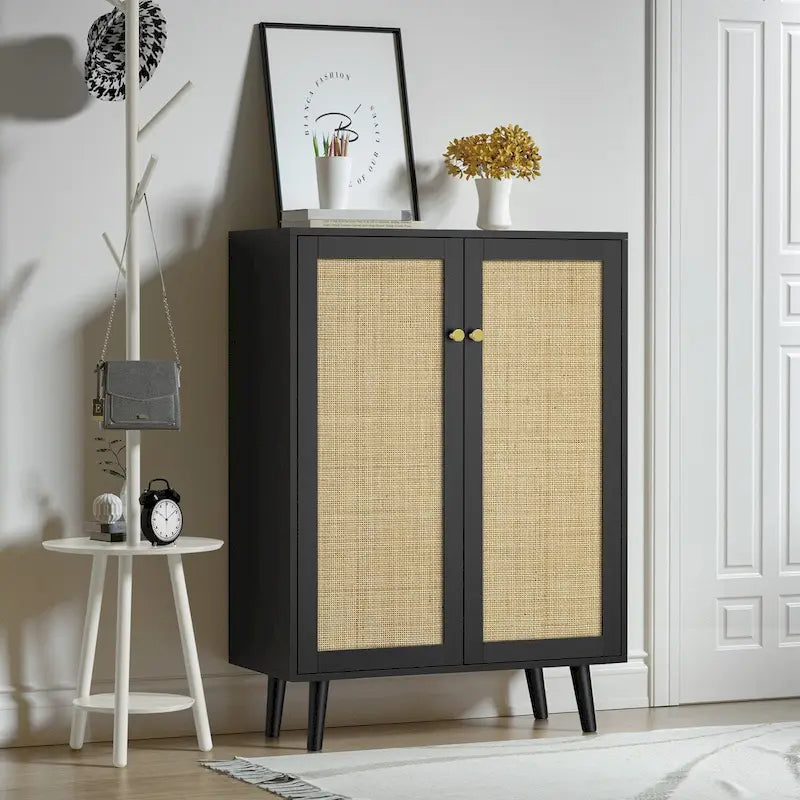 Buffet/meuble de rangement moderne Anmytek à 2 portes, noir, avec étagères réglables - 80 cm (L) x 34 cm (P) x 112 cm (H)