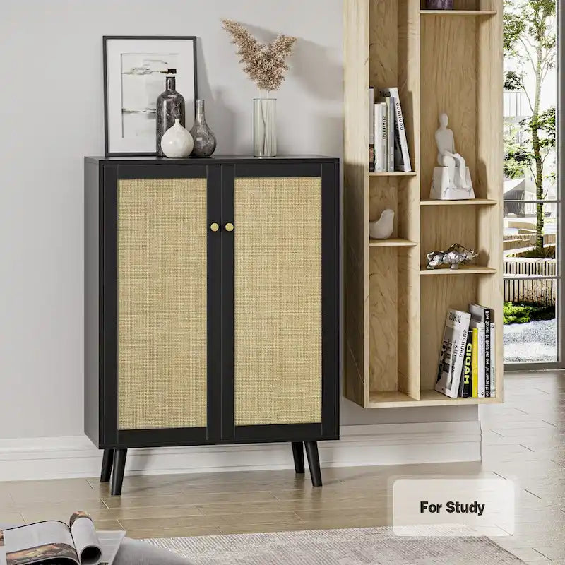 Buffet/meuble de rangement moderne Anmytek à 2 portes, noir, avec étagères réglables - 80 cm (L) x 34 cm (P) x 112 cm (H)