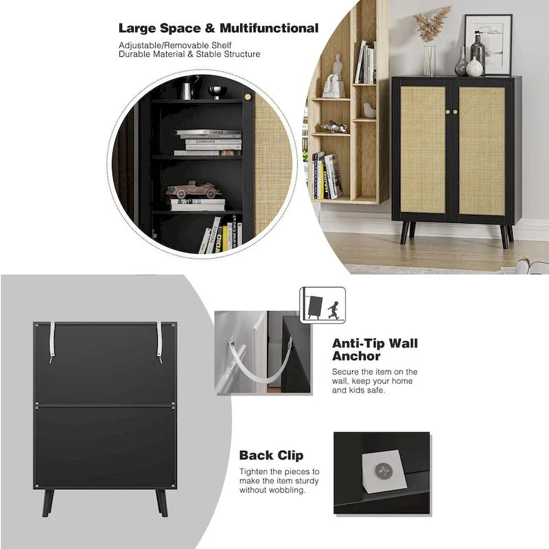 Buffet/meuble de rangement moderne Anmytek à 2 portes, noir, avec étagères réglables - 80 cm (L) x 34 cm (P) x 112 cm (H)