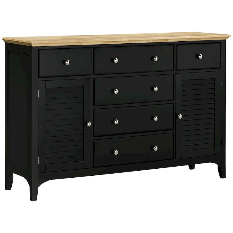 Sideboard Buffet Cabinet with Storage Drawers, Rubber Wood Top and Adjustable Shelves, Kitchen Cabinet Coffee Bar Cabinet, Black