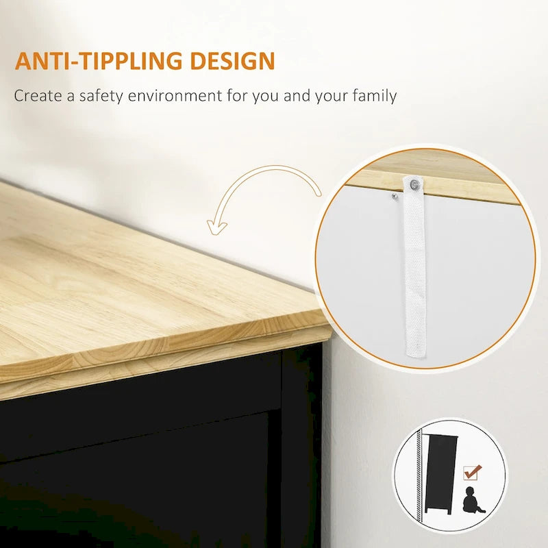 Buffet avec tiroirs de rangement, plateau en bois d'hévéa et étagères réglables, meuble de cuisine/bar à café, noir