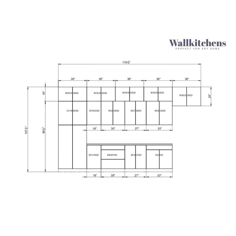 Collection Kitchen Serene, base blanche mate, largeur 15 pi (180 x 107 po)