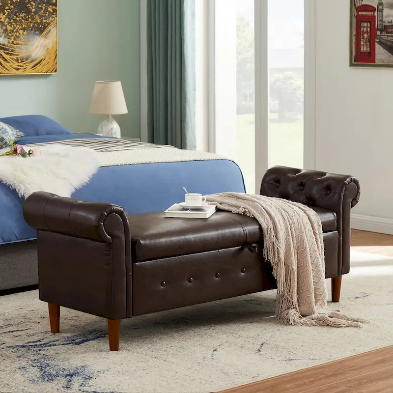 Armed Ottoman Bench PU Leather Bench Button Tufted Sofa Stool Bench Footrest Stoolfor Entryway, Living Room and Window