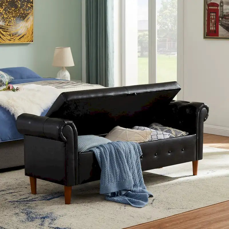 Banc ottoman avec accoudoirs, banc en cuir PU capitonné, tabouret de canapé avec repose-pieds pour entrée, salon et fenêtre