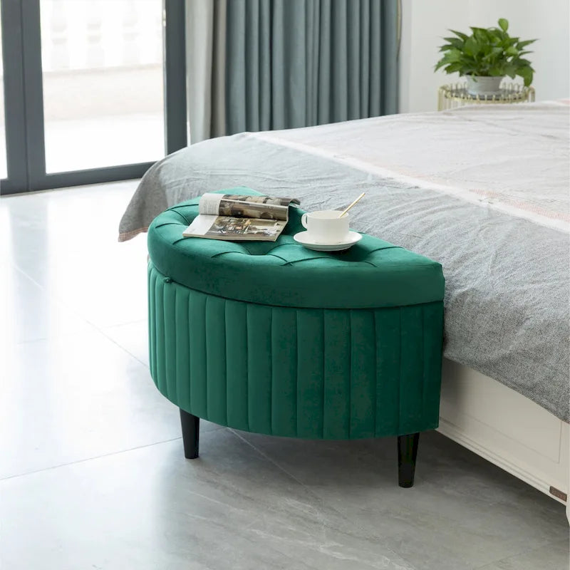 Banc ottoman de rangement demi-lune moderne en velours capitonné, vert