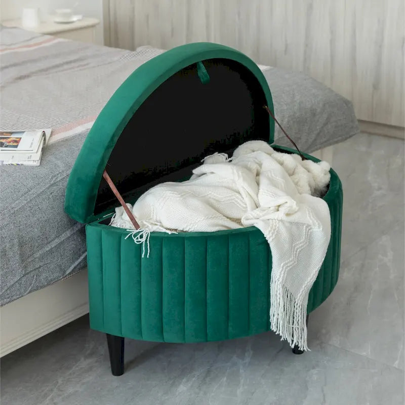 Banc ottoman de rangement demi-lune moderne en velours capitonné, vert