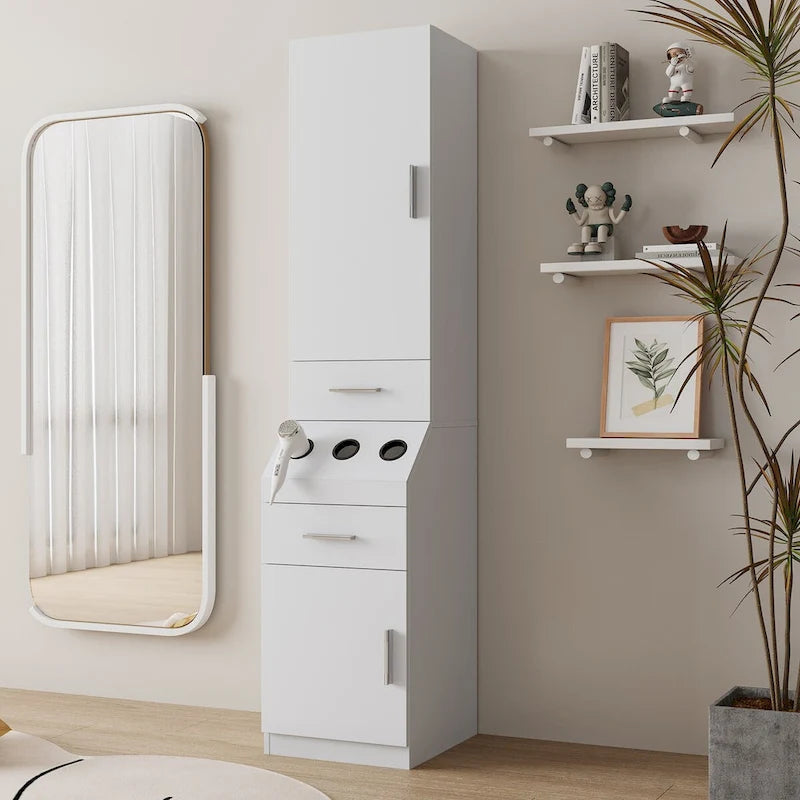 Postes de coiffure avec étagère de rangement à 2 niveaux et porte, armoire de rangement pour coiffure avec 2 tiroirs