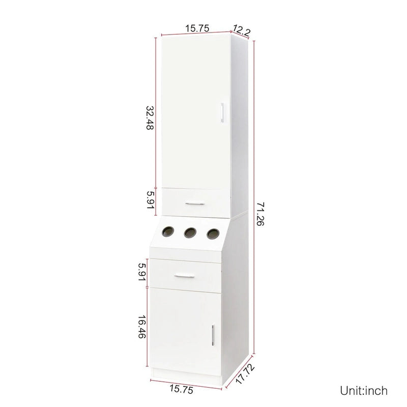 Postes de coiffure avec étagère de rangement à 2 niveaux et porte, armoire de rangement pour coiffure avec 2 tiroirs
