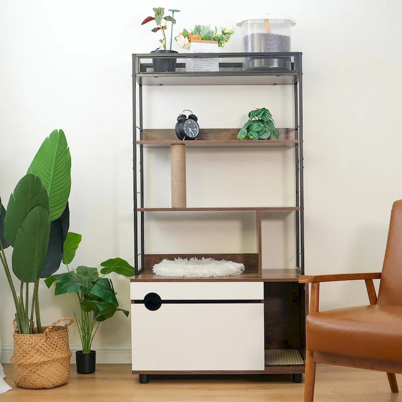 Enclos pour bac à litière avec étagères, bac à litière dissimulé avec griffoirs, mobilier pour bac à litière, arbre à chat en bois