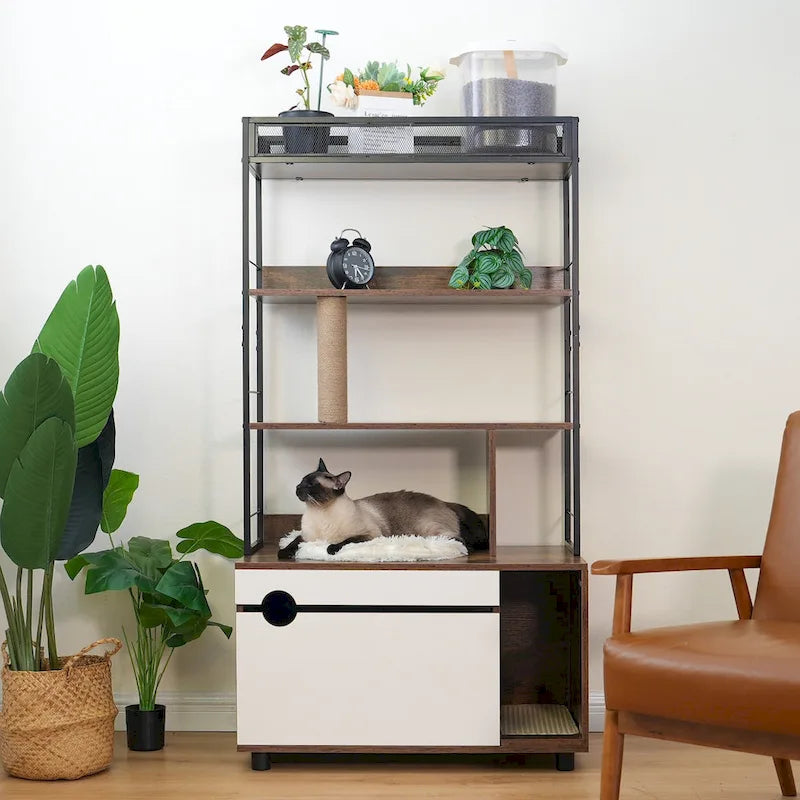 Enclos pour bac à litière avec étagères, bac à litière dissimulé avec griffoirs, mobilier pour bac à litière, arbre à chat en bois