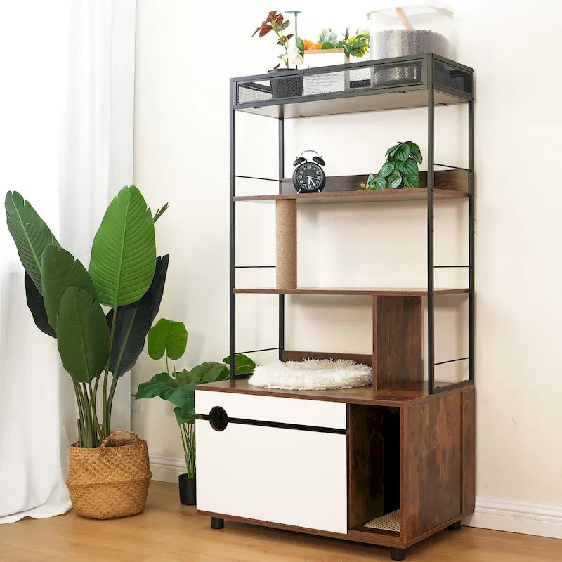 Enclos pour bac à litière avec étagères, bac à litière dissimulé avec griffoirs, mobilier pour bac à litière, arbre à chat en bois