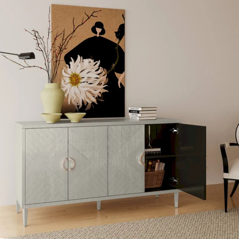 Meuble de rangement élégant et fonctionnel à 4 portes avec pieds en pin et structure en MDF, idéal pour le salon, la chambre et la cuisine.