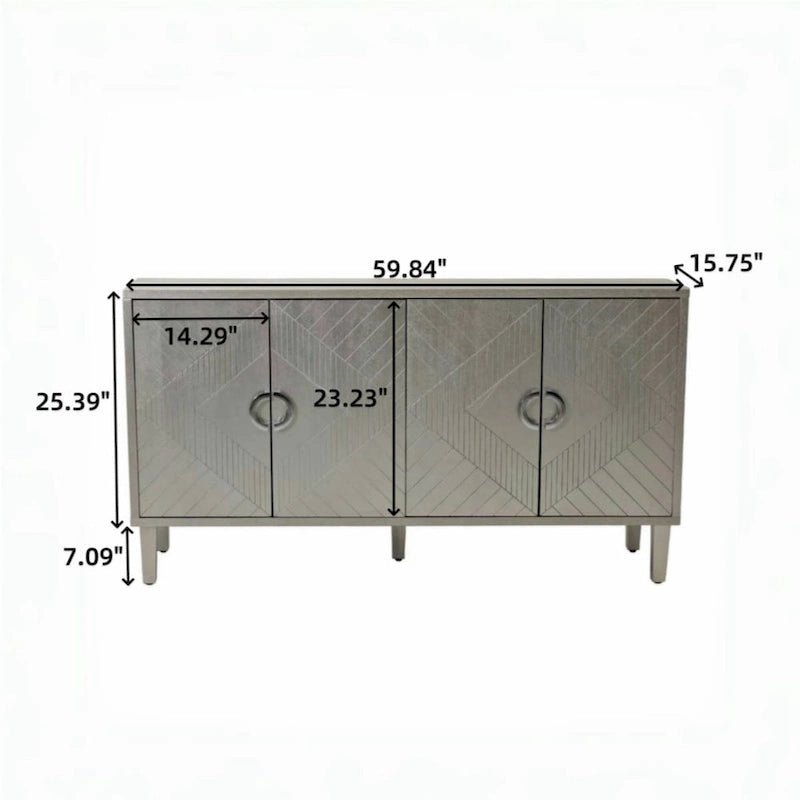 Meuble de rangement élégant et fonctionnel à 4 portes avec pieds en pin et structure en MDF, idéal pour le salon, la chambre et la cuisine.