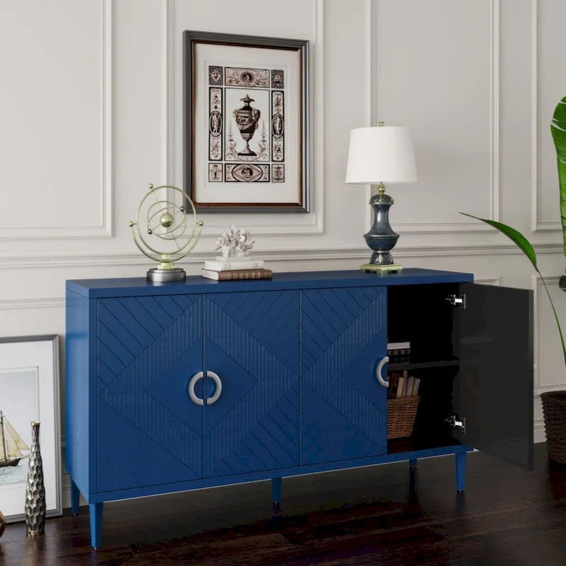 Meuble de rangement élégant et fonctionnel à 4 portes avec pieds en pin et structure en MDF, idéal pour le salon, la chambre et la cuisine.