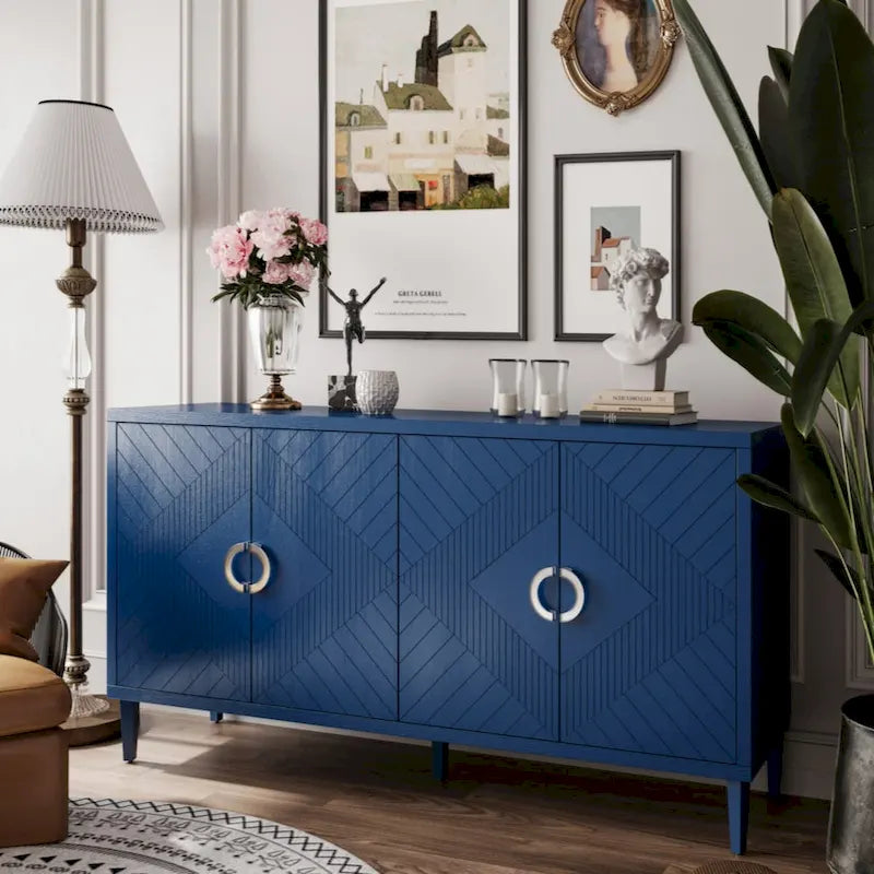 Meuble de rangement élégant et fonctionnel à 4 portes avec pieds en pin et structure en MDF, idéal pour le salon, la chambre et la cuisine.