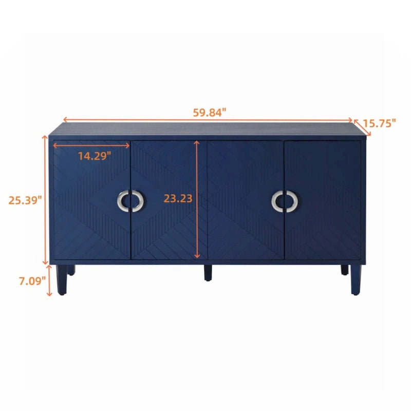 Meuble de rangement élégant et fonctionnel à 4 portes avec pieds en pin et structure en MDF, idéal pour le salon, la chambre et la cuisine.