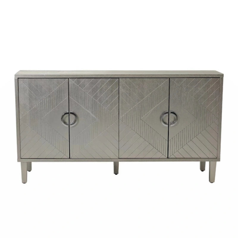 Meuble de rangement élégant et fonctionnel à 4 portes avec pieds en pin et structure en MDF, idéal pour le salon, la chambre et la cuisine.