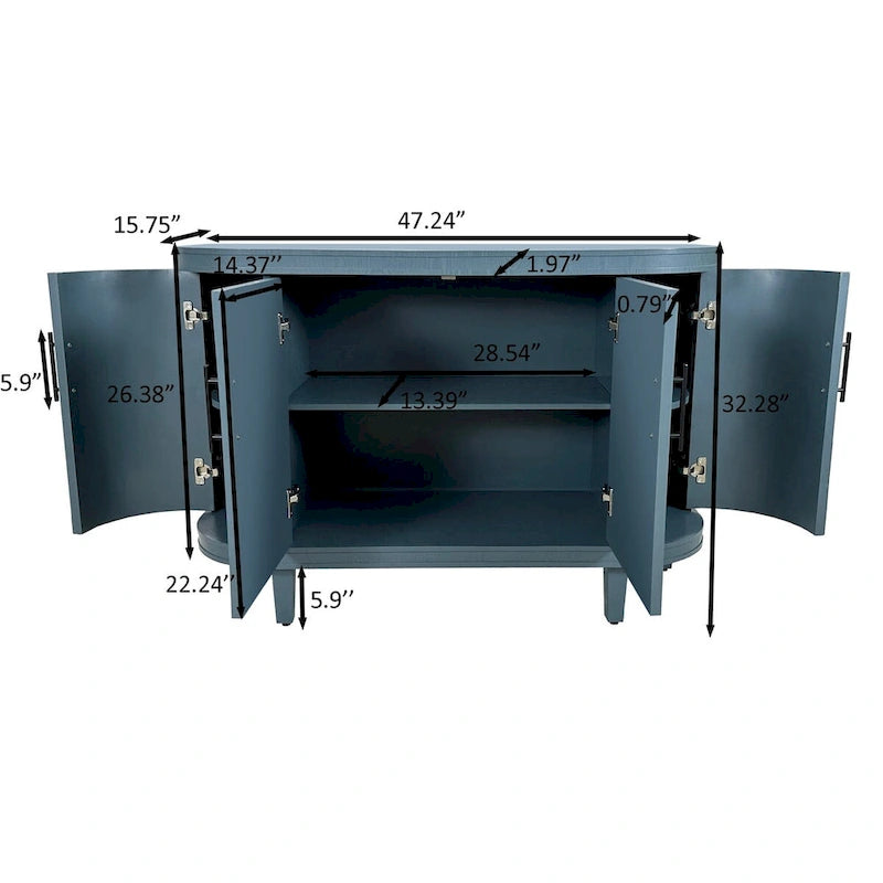 Buffet moderne incurvé en bois avec 4 portes et étagères réglables