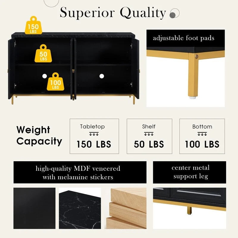 Buffet moderne avec très grand espace de rangement, poignées et pieds de support en métal, idéal pour le salon et la salle à manger.